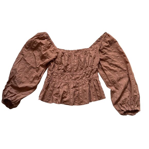 J. Crew Tops - J. Crew Puff Sleeve Cotton Textured Peasant Top Womens SZ Small Festival Brown